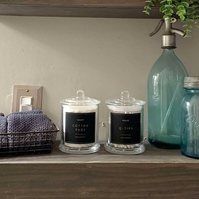 Ronasip Qtip Holder & Cotton Pad Dispenser, Bathroom Organizer and Storage Canisters, 16oz Glass Apothecary Jars for Kitchen, Restroom - Home Decor, Room Decor Aesthetic (2 Pack, Transparent) - Image 3